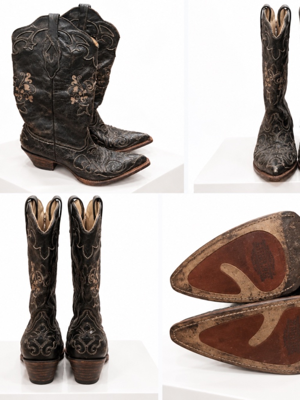 Corral Vintage Black Distressed Leather Embroidered Western Cowboy Boots